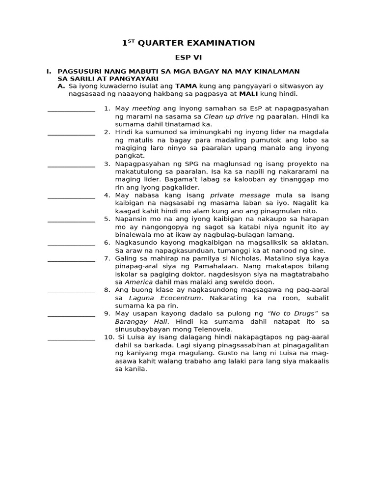Esp 6 First Quarter Exam | PDF