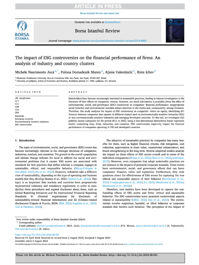 The Impact of ESG Controversies On The Financial Performance of Firms | PDF