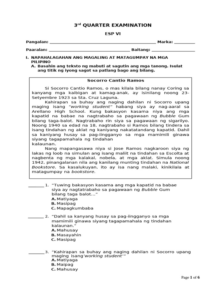 Esp 6 Third Quarter Examination | PDF