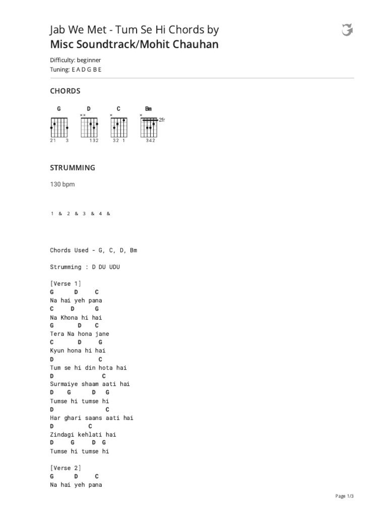 Jab We Met Tum Se Hi Chords Ver 2 By Misc Soundtracktabs At