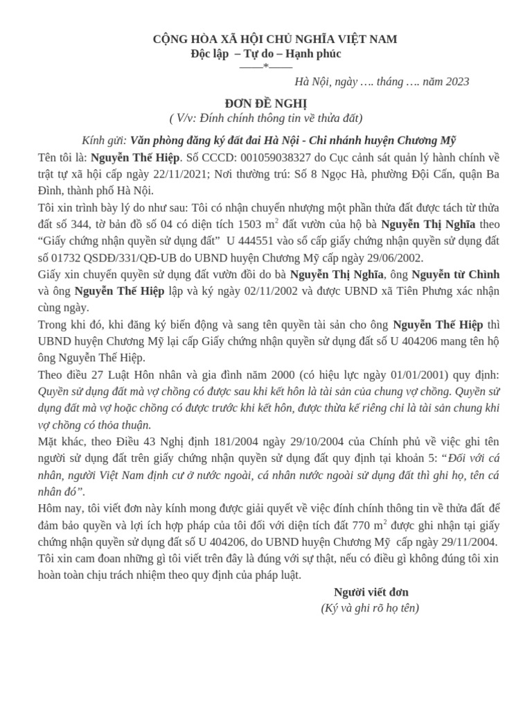Don de Nghi Dinh Chinh Thong Tin Ve Thua Dat | PDF