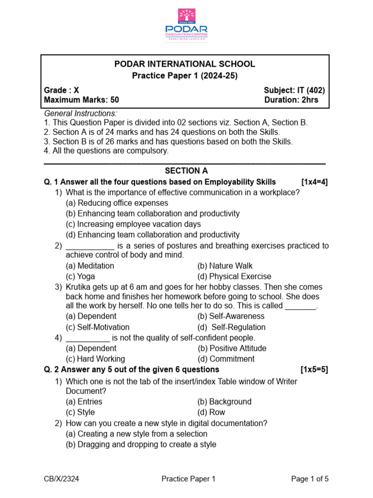 Practice Paper X 2024 25 Pdf