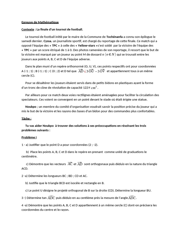 Epreuve de Mathématique (Football) | PDF