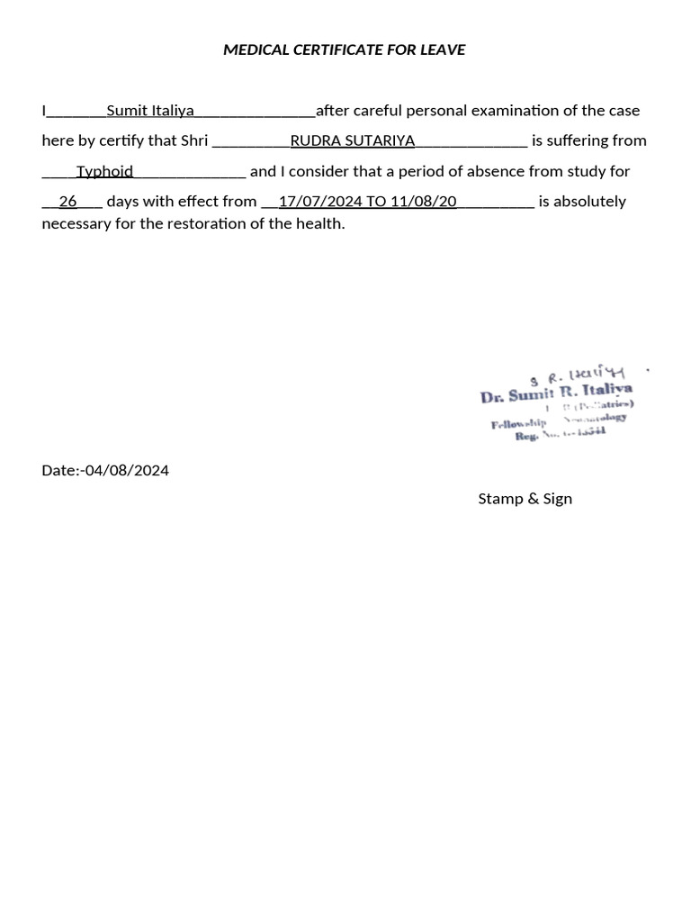 Medical Certificate For Leave | PDF