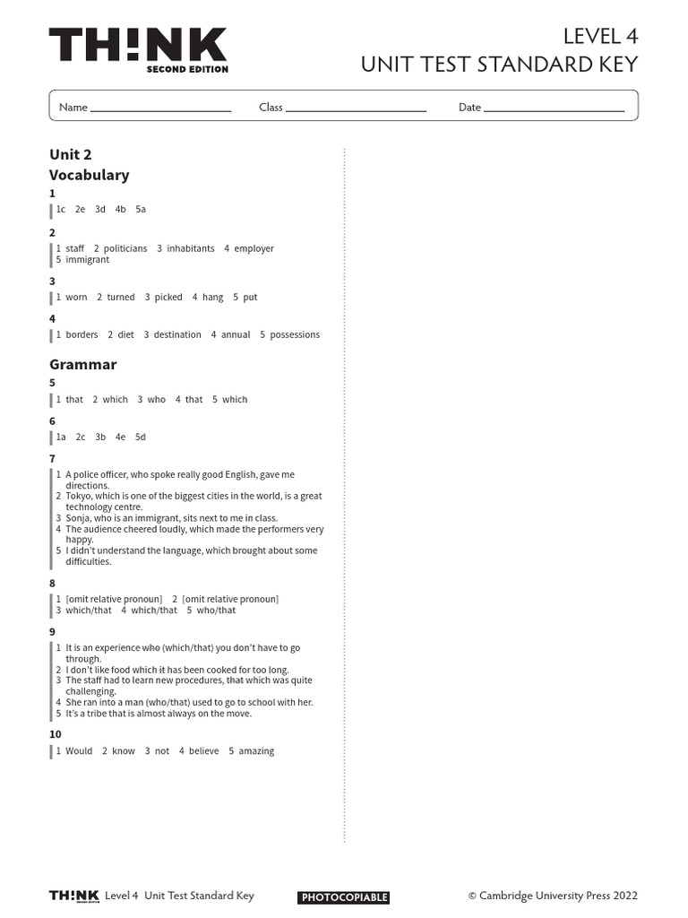 Thk2e BrE L4 Unit Test Standard Answer Key 2 | PDF