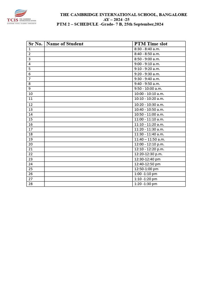 SR No. Name of Student PTM Time Slot | PDF
