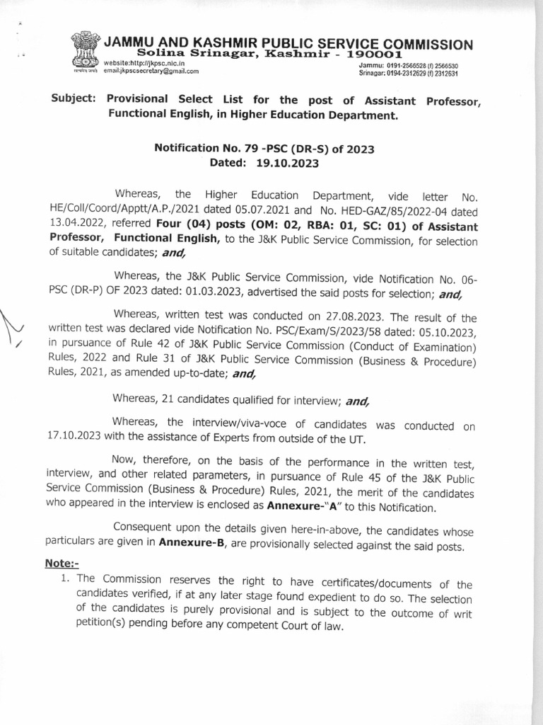 Provisional selection list for the post of assistant professor