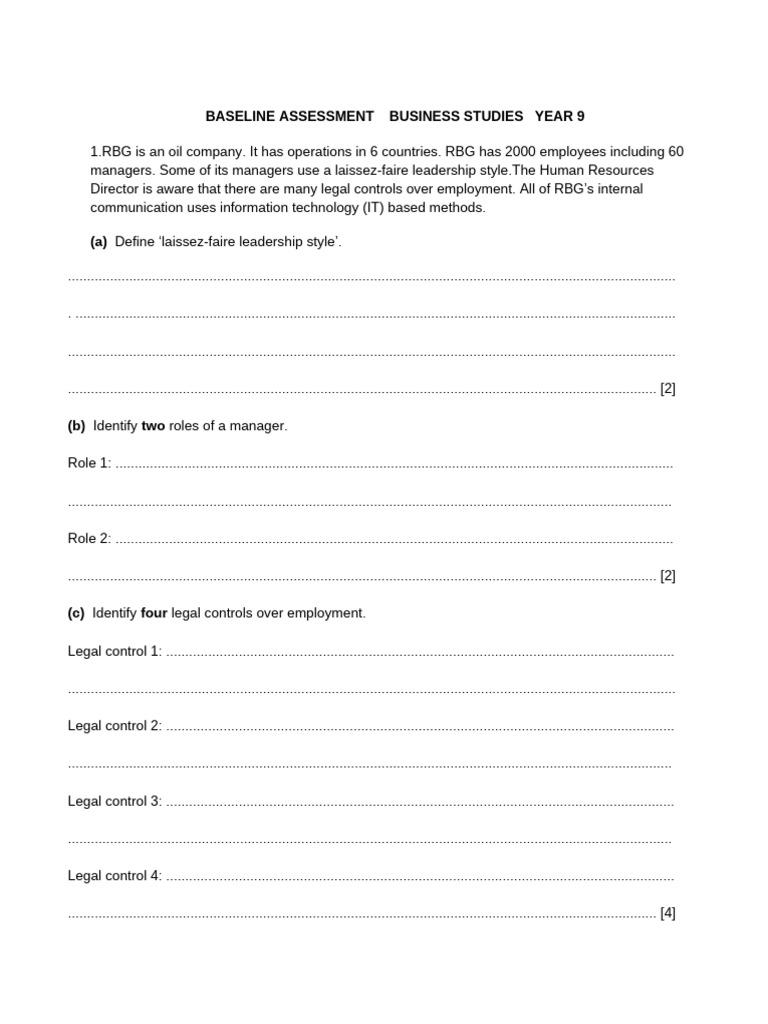 Baseline Assessment Business Studies | PDF