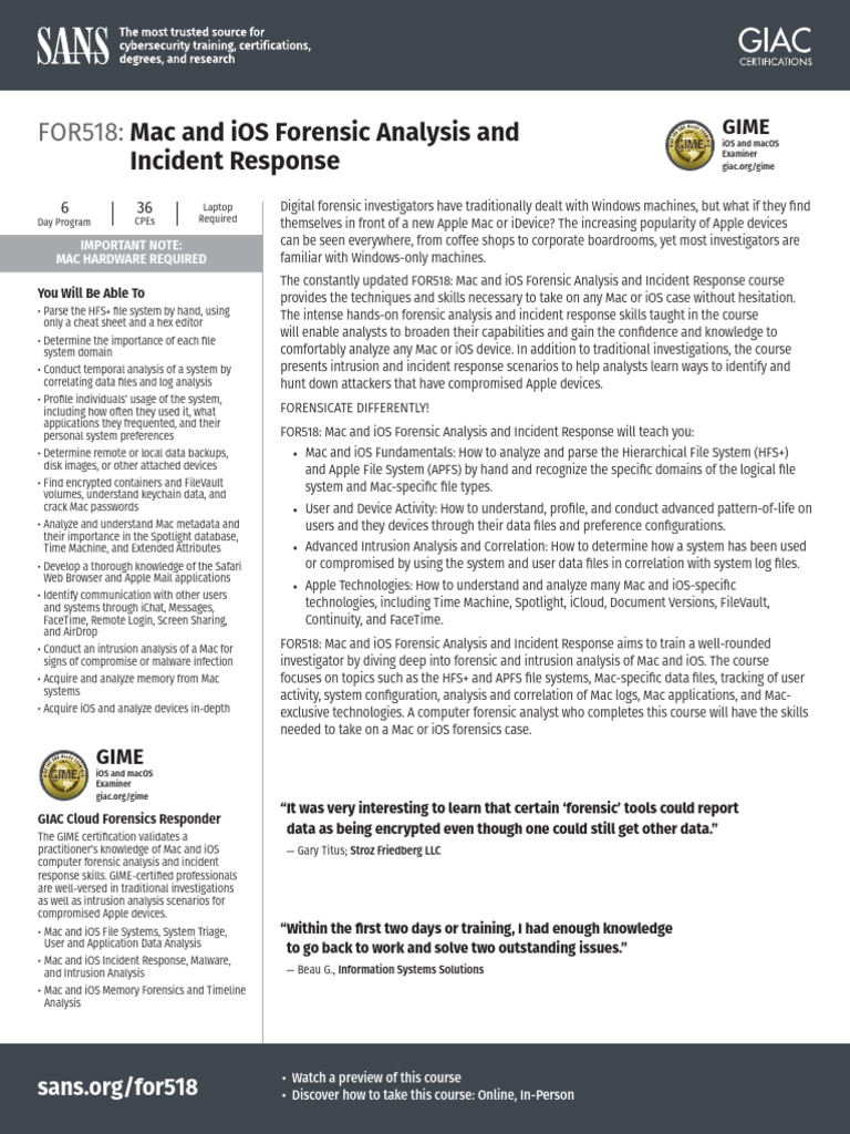 SANS Institute FOR518 Brochure | PDF | Ios | Computer Forensics