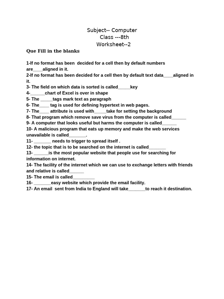Subject computer class 8 worksheet 2 pdf