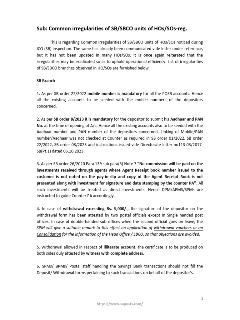 SB/SBCO Units: Common Irregularities Report | PDF | Cheque | Payments