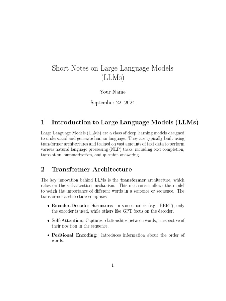 Short Notes On Large Language Models (LLMS) | PDF