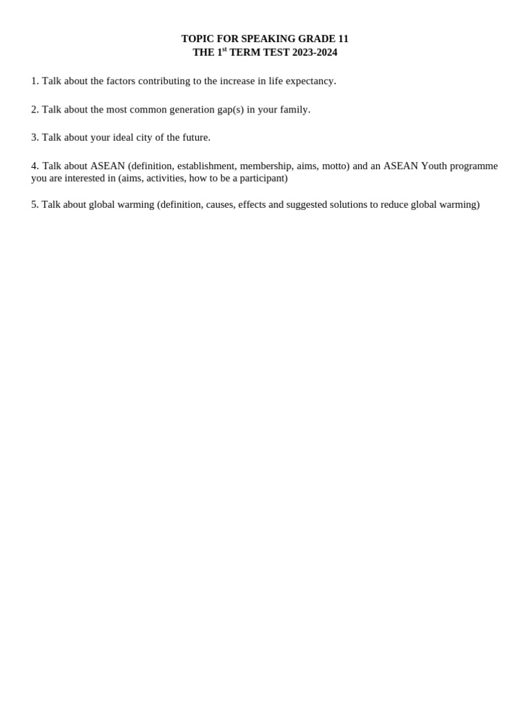 Final Grade 11 Topic Speaking First Term | PDF