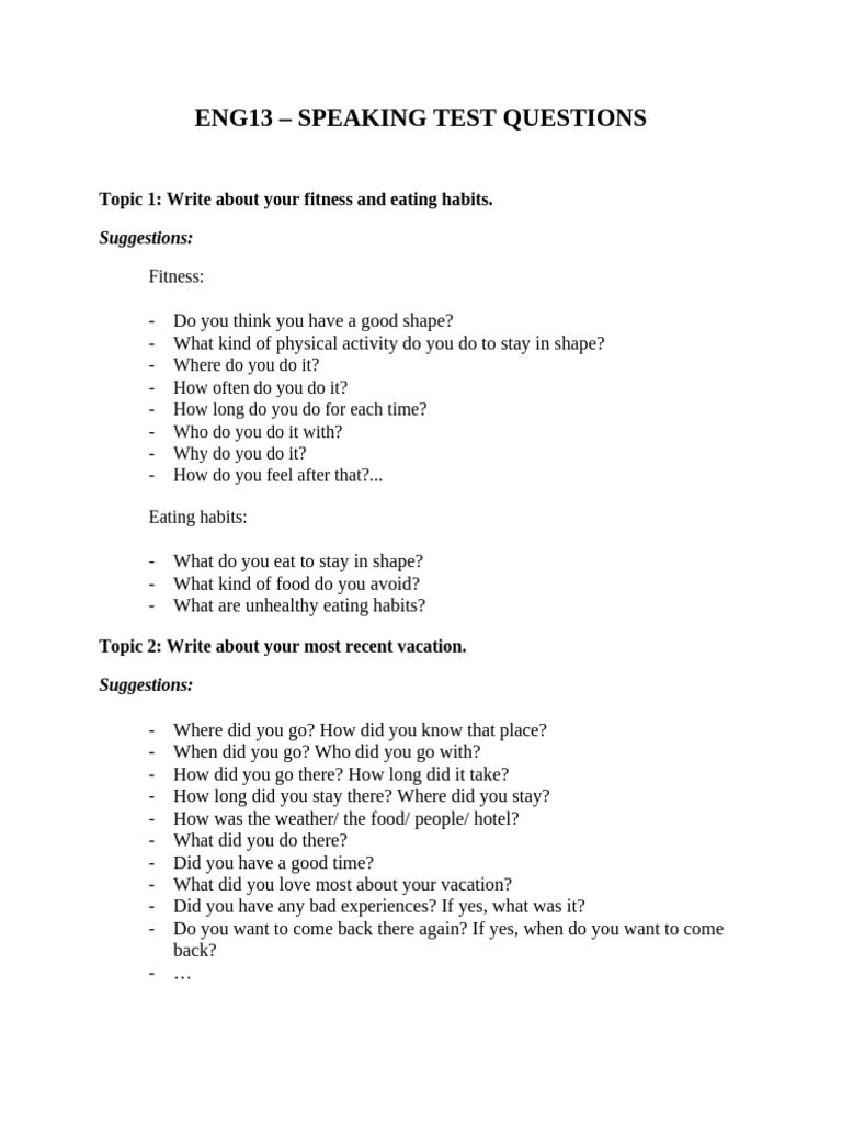 ENG13 - Speaking Test Questions | PDF