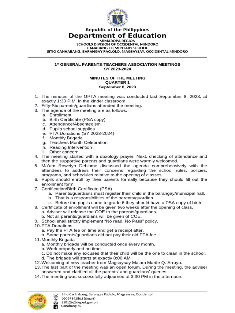1ST GPTA MINUTES OF THE MEETING | PDF