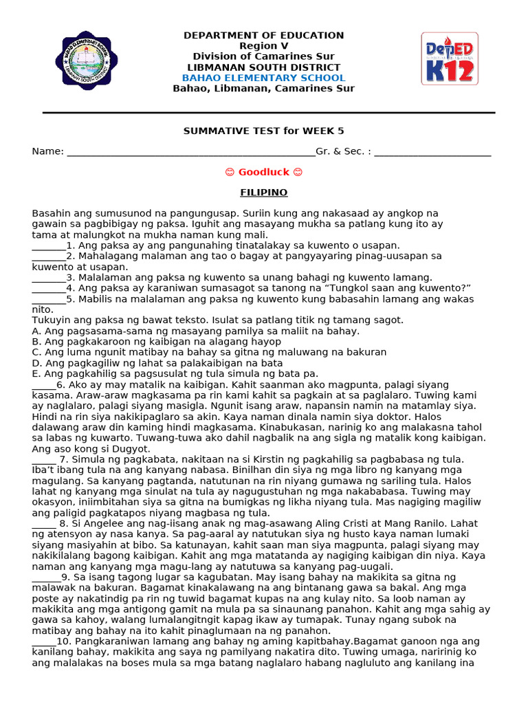 Filipino Summative Test Week 5 | PDF | Adjective | Sentence (Linguistics)