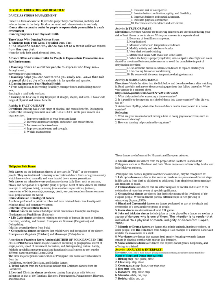 Pe and Health 3 Activity Sheet | PDF | Cheerleading | Self-Improvement