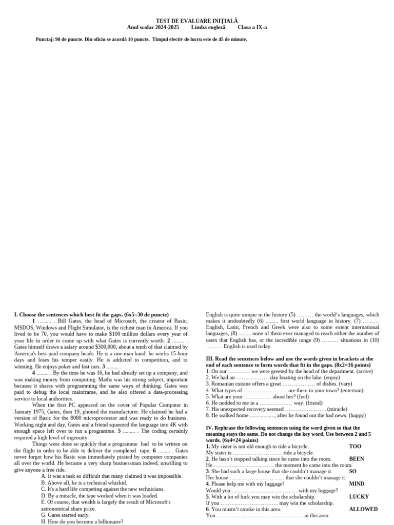 Test Initial IX 2h 2024 | PDF | Computing