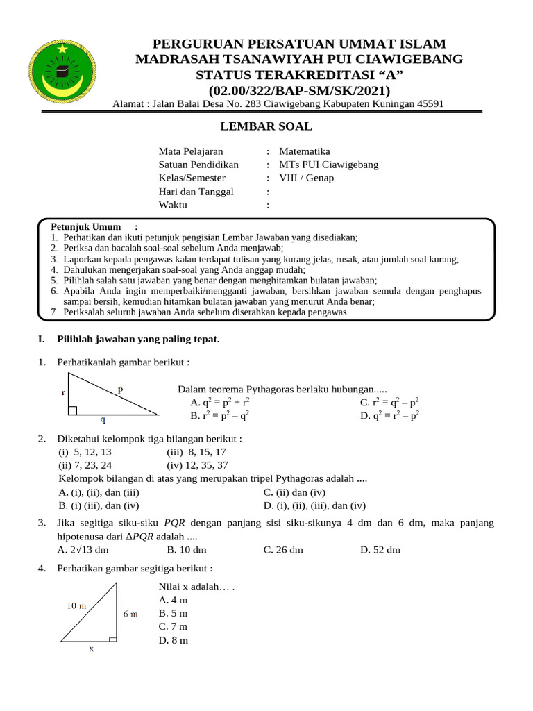 Soal Pat Mtk Kelas 8 K13 Mts Pui Cwg Pdf