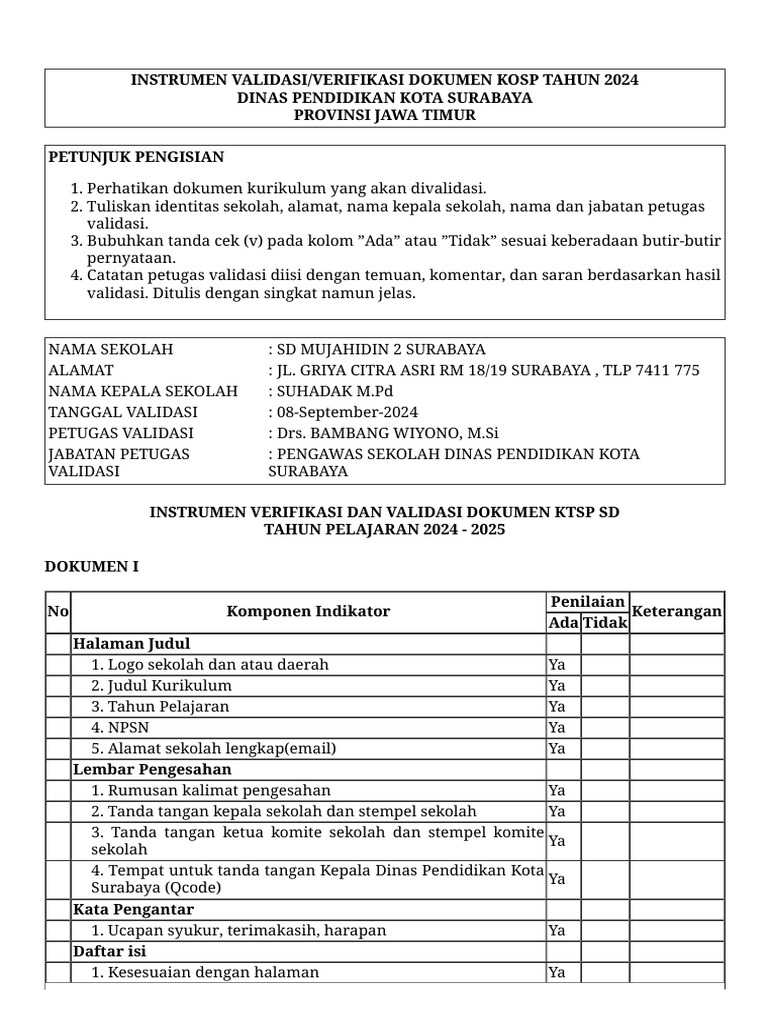 Instrumen Validasi Dokumen Satu Pdf