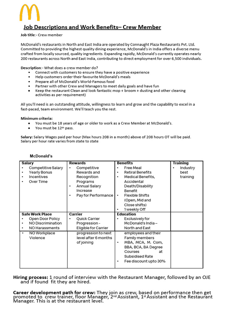 Job Description and Benefits (Crew Member) - McDonald's | PDF