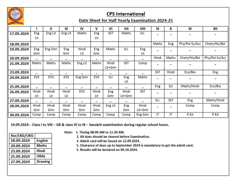 Half Yearly Date Sheet - 2024-25 | PDF