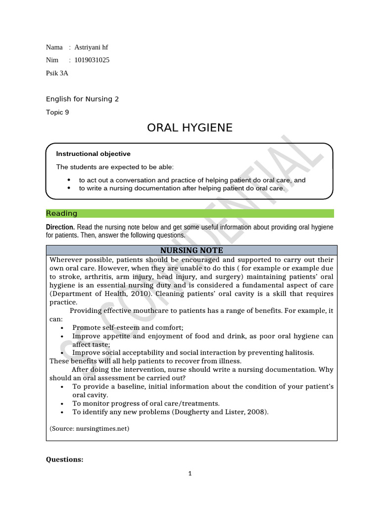 Astriyani hfLEARNING MATERIAL TOPIC 9 ORAL HYGIENE AND DENTURE CARE | PDF