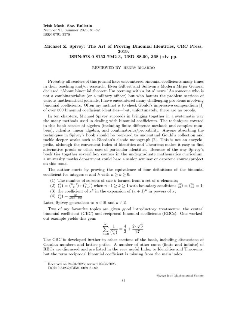 The Art of Proving Binomial Identities B | PDF | Mathematics ...