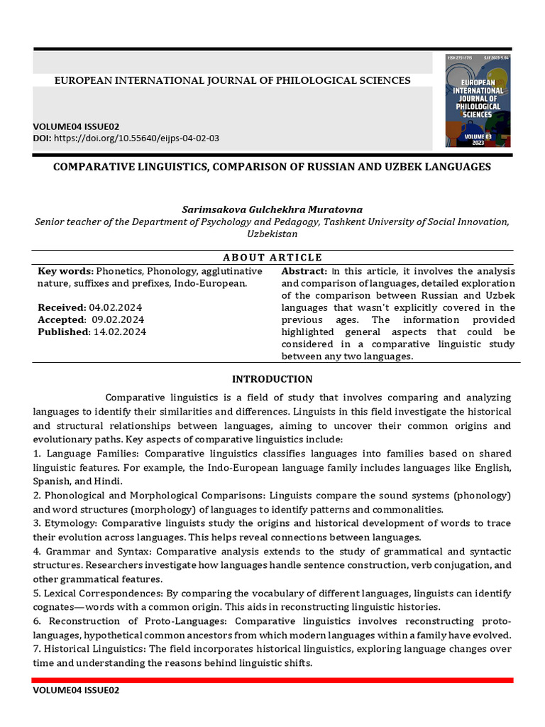 Comparative Linguistics, Comparison of Russian and Uzbek Languages | PDF