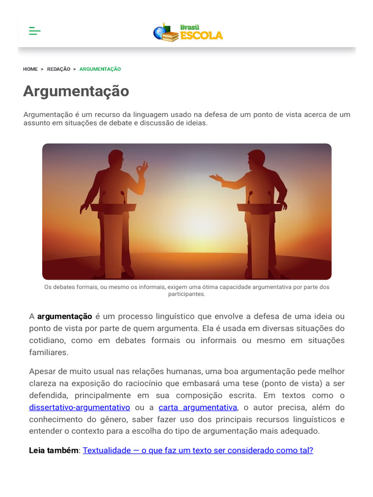 Argumentação - o Que É, Elementos, Tipos - Brasil Escola | PDF