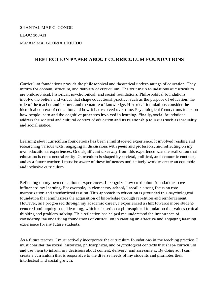 Reflection Paper About Curriculum Foundations | PDF