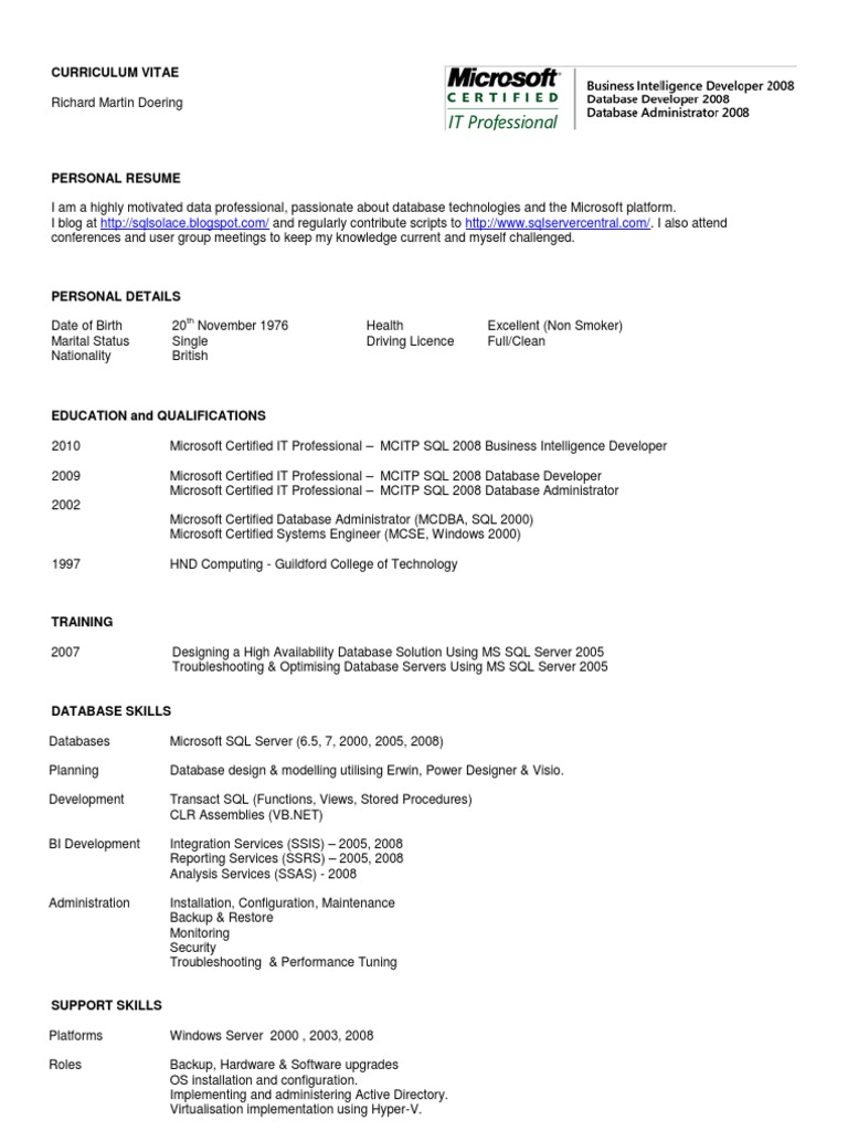 Richard Doering's SQL Server CV | PDF | Microsoft Sql Server | Sql