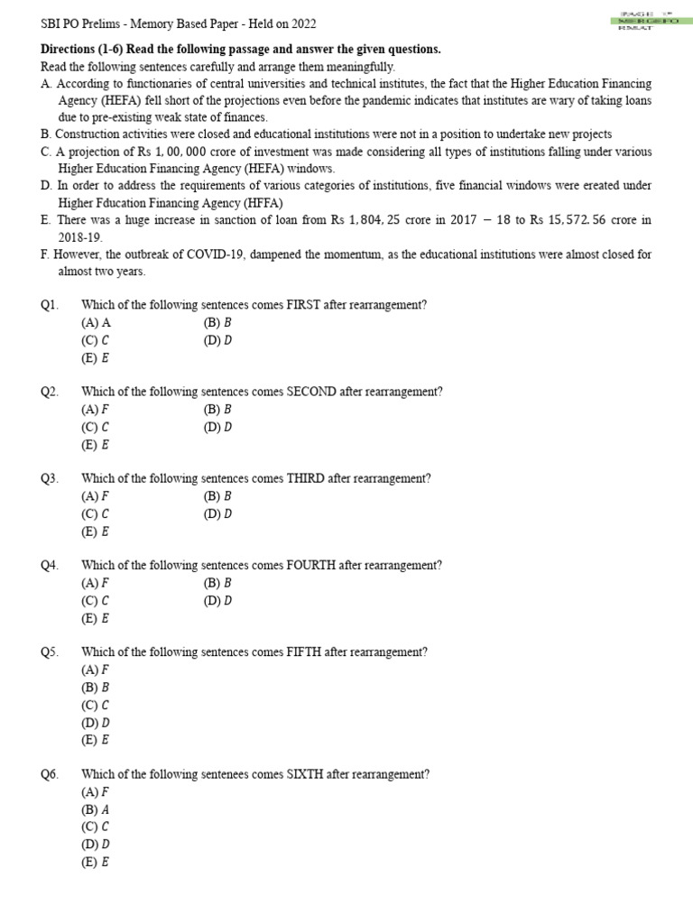SBI PO Prelims Memory Based Paper Held On 2022 | PDF