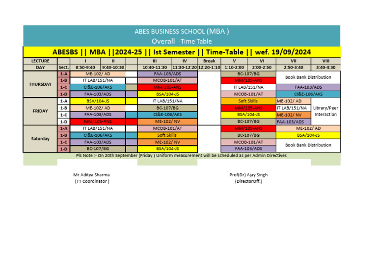 MBA 2024-25 Time Table Overview | PDF