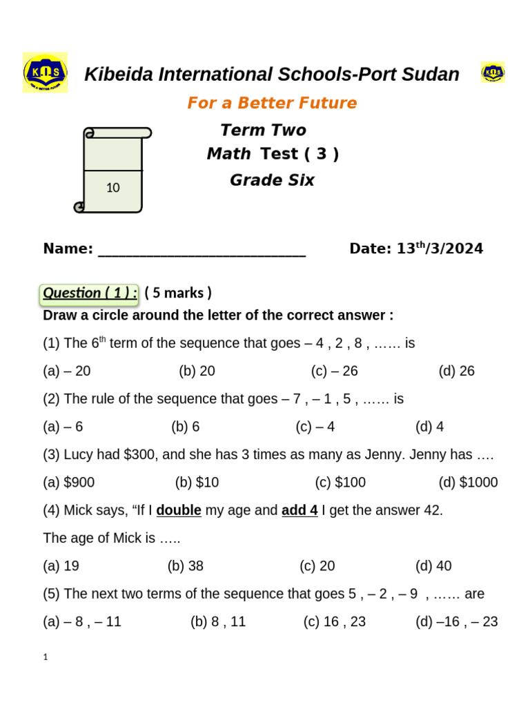 Grade Six Math Test - Term Two | PDF