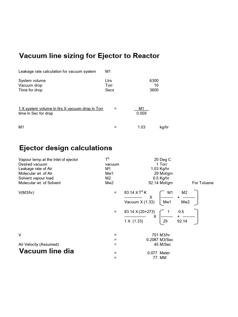 Vacuum Line Sizing For Ejector To Reactor | PDF