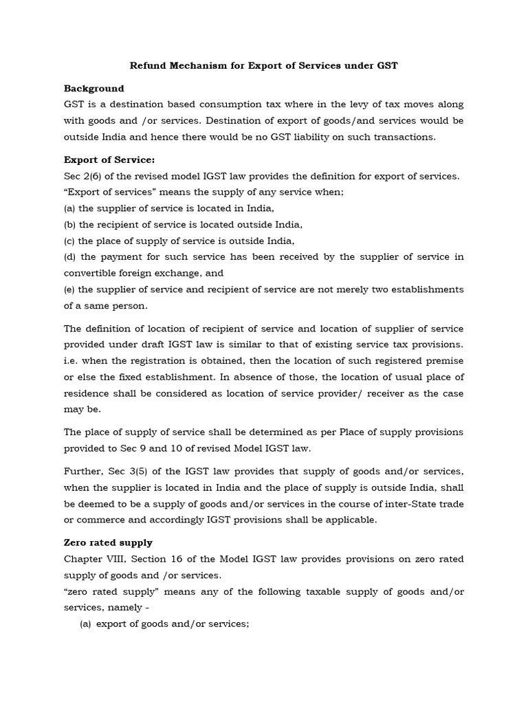 Refund Mechanism For Export of Services Under GST | PDF