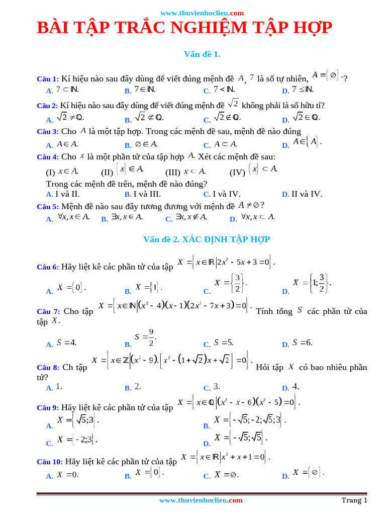 Trac Nghiem TAP HOP Co Dap An | PDF