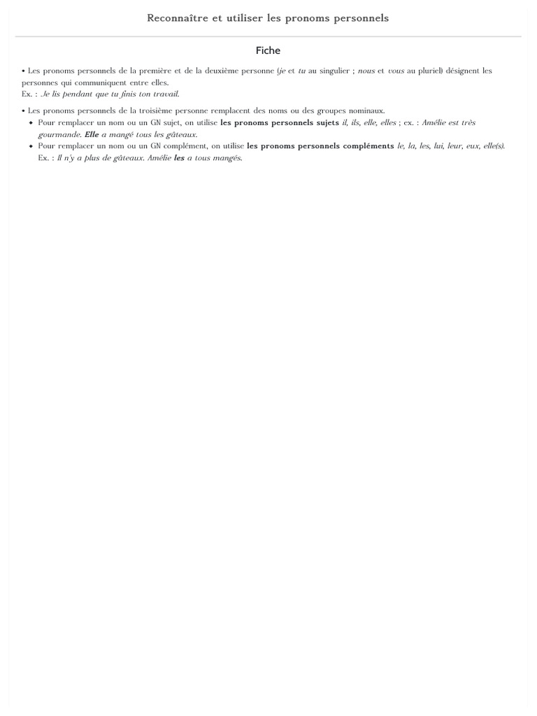 Exercices sur les pronoms personnels CM1 | PDF | Pronom | Nombre ...
