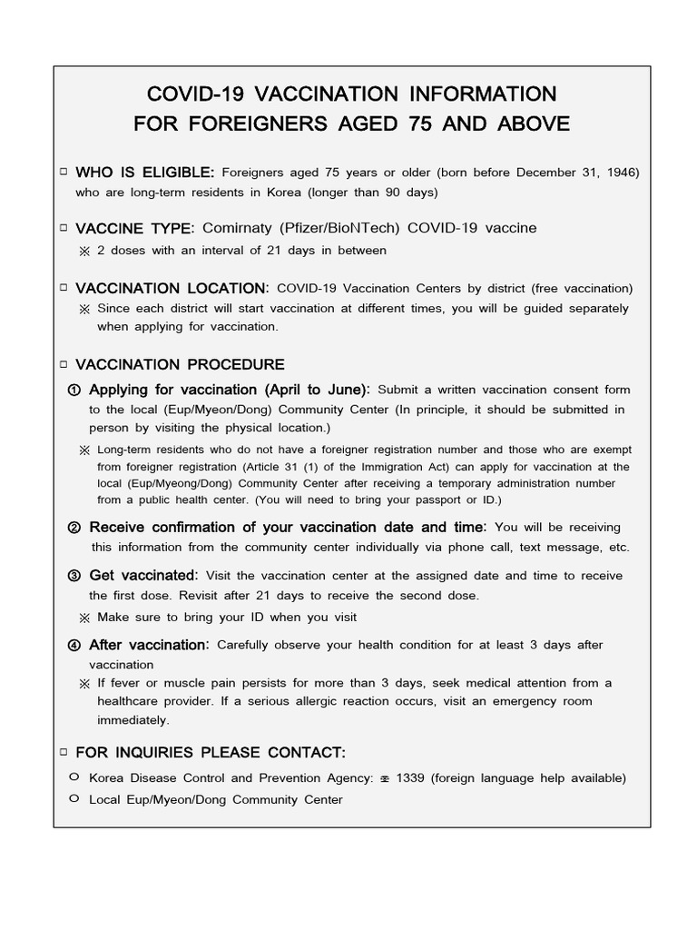 Covid 19 vaccination information for foreigners aged 75 and above