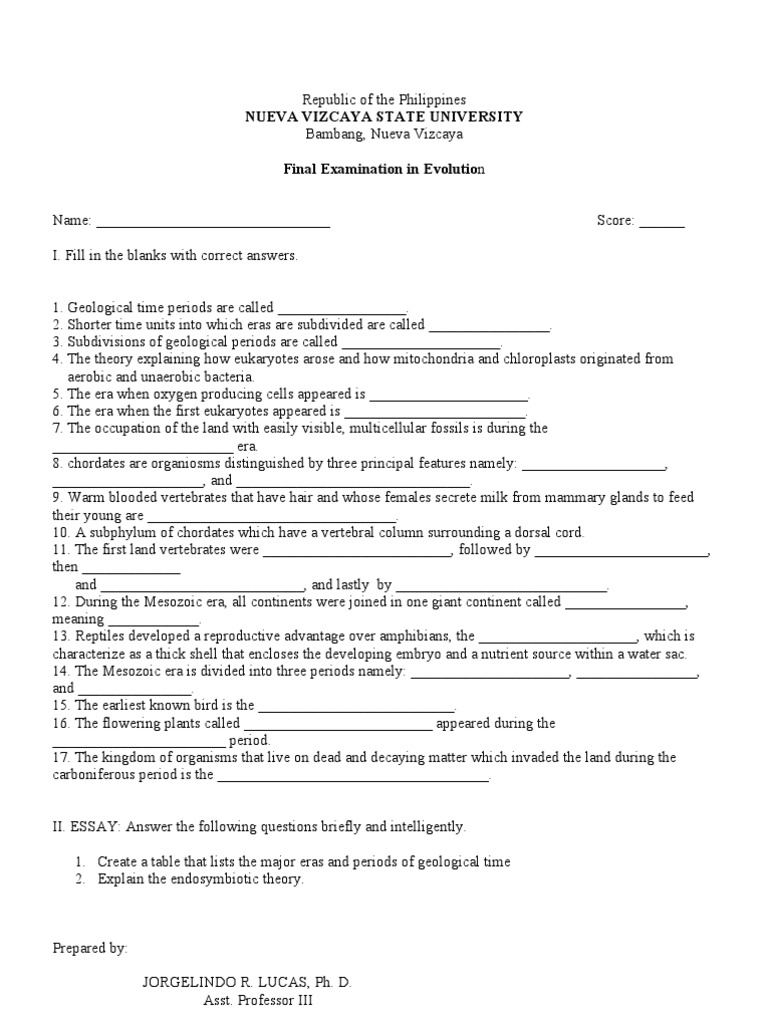 Evolution Final Exam - Nueva Vizcaya | PDF | Foreign Language Studies ...