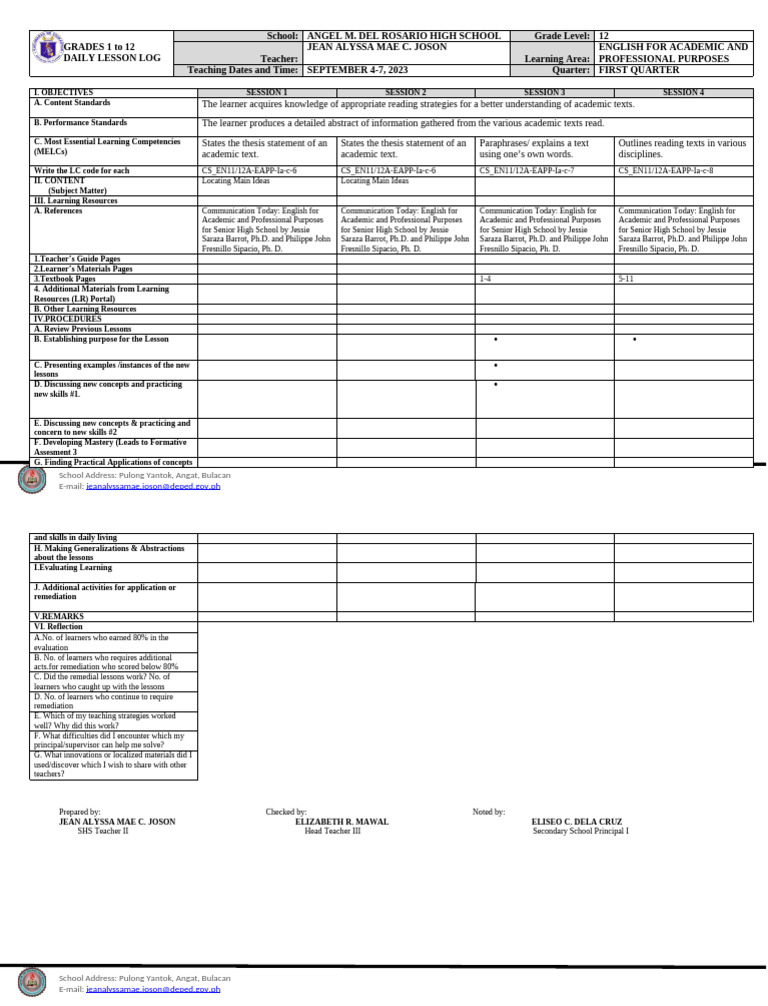 Daily Lesson Log: English Grade 12 | PDF | Learning | Language Arts ...