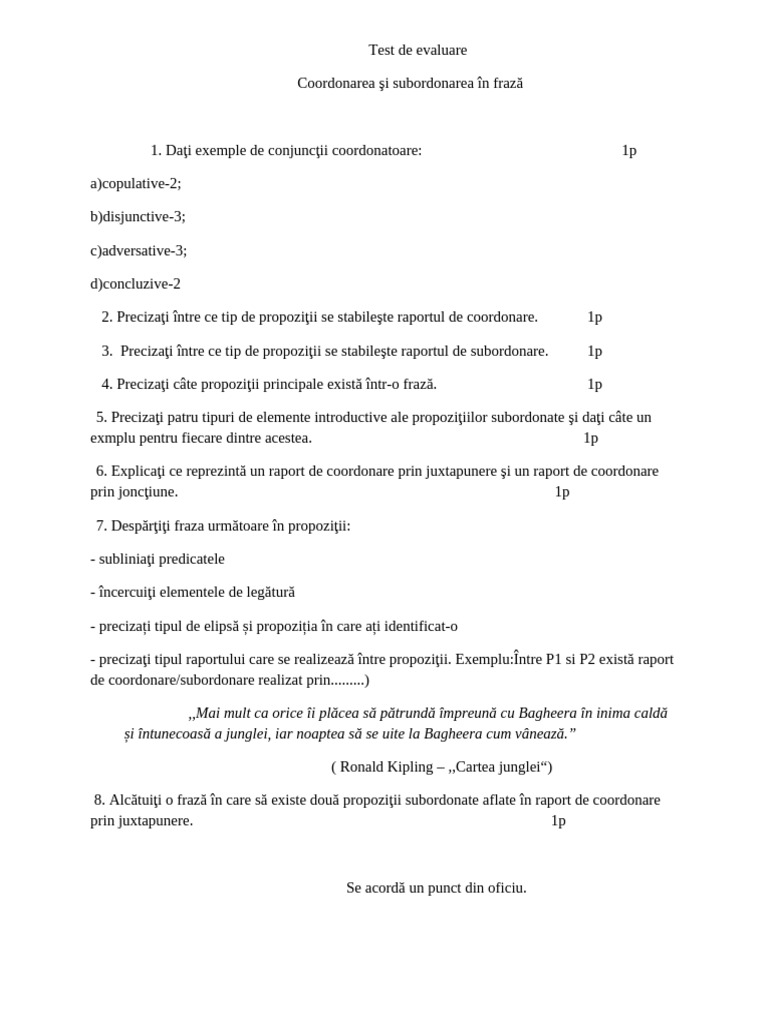 Test Coordonarea Si Subordonarea | PDF