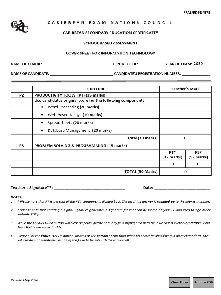 CSEC InfoTech CoverSheetForESBA Fillable May2020 | PDF