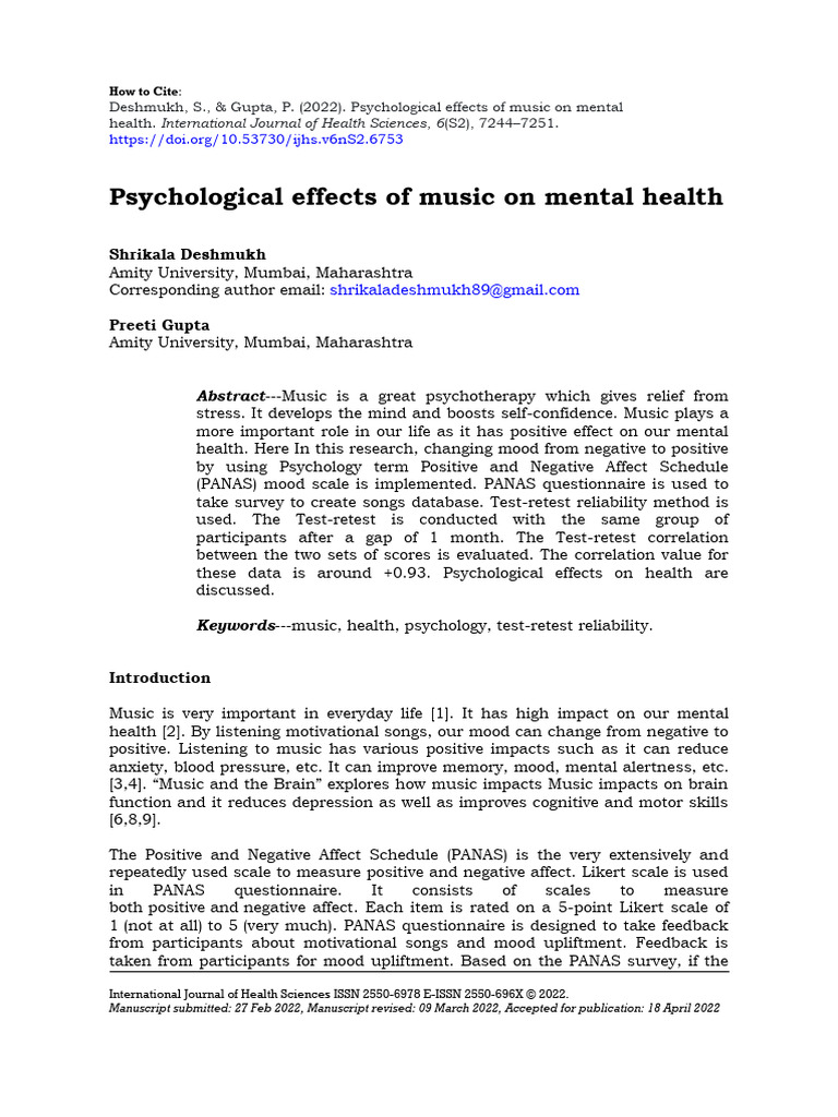 Psychological Effects of Music On Mental Health | PDF