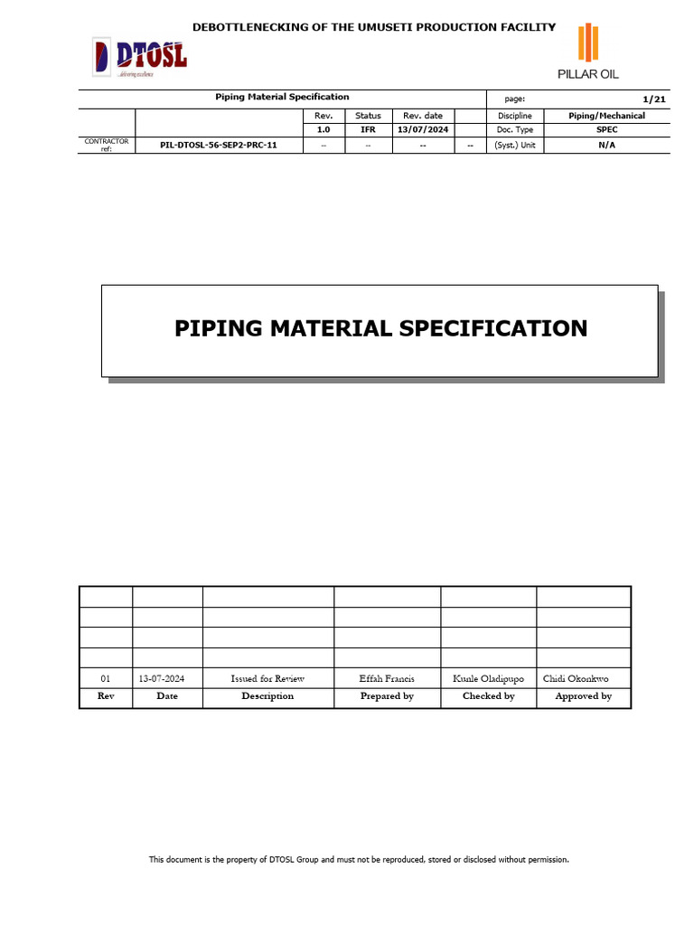 PIL DTOSL 56 SEP2 PIP 01 R01 Piping Material Specification | PDF