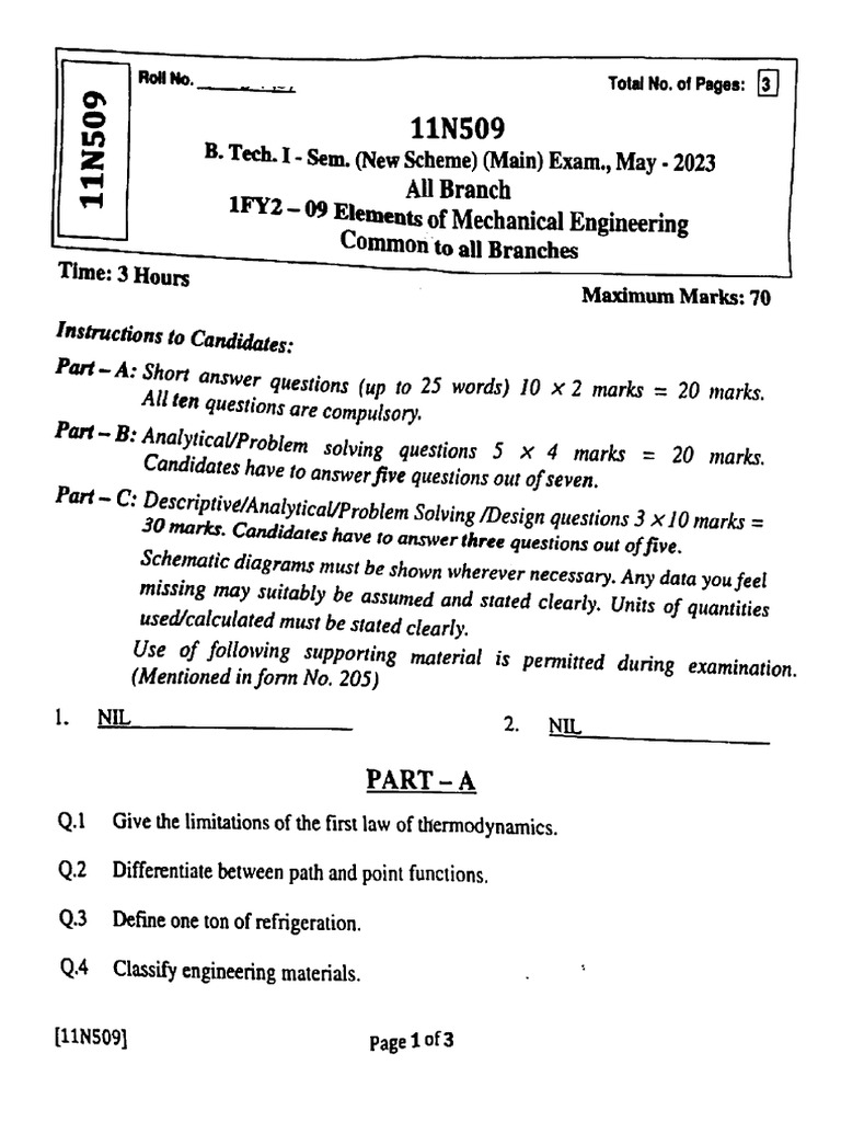 Btech 1 Sem Elements of Mechanical Engineering 11n509 May 2023 | PDF