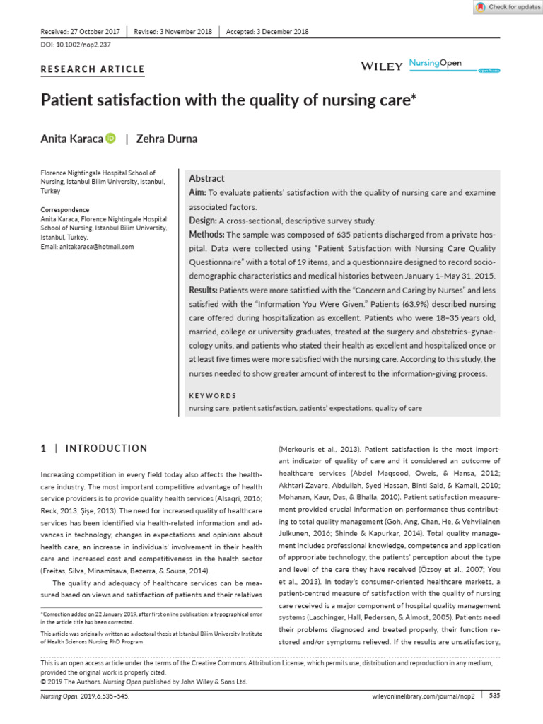 Nursing Open - 2019 - Karaca - Patient Satisfaction With The Quality of ...