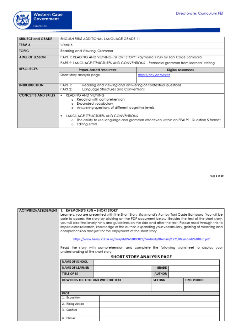 English FAL Grade 11 Term 3 Week 6 - 2020 | PDF