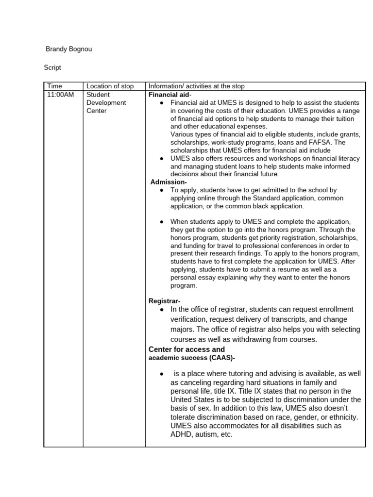 Script For The Campus Tour | PDF
